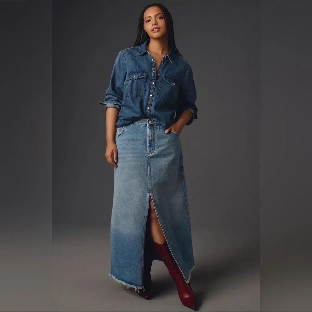 Anthropologie Pilcro Madi Front Slit Jean Denim Skirt Frye Hem Size 14 Women’s